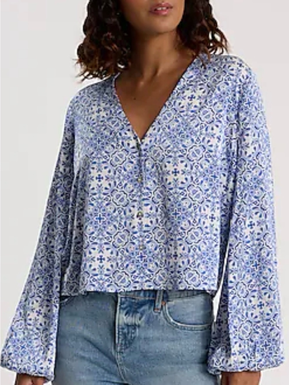 Express Blue Patterned V-Neck Long Sleeve Blouse